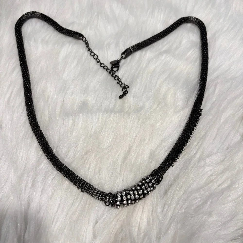 Chicos‎ Necklace Gunmetal Mesh Rhinestone Sparkle Goth Edgy Grunge Cyber 20659